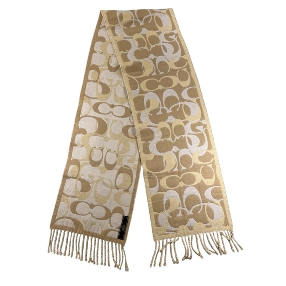 Coach Accessories - Coach Signature Monogram Jacquard Scarf Beige Cream Fringe Tassel Wrap